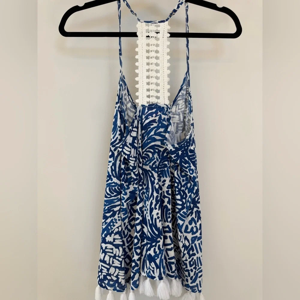 Lilly Pulitzer Blue White Crochet Back Tassel Top Tank Medium - Picture 4 of 5